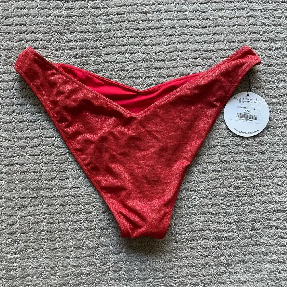 NWT New JMP The Label Rio Bikini Bottoms in Blaze Red Lurex Size L